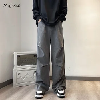 Плиссированные брюки Мужские Однотонные, полной длины, мешковатые, в японском стиле, для простого спортивного отдыха, Красивая уличная одежда, хипстер, Осень 2023 г.