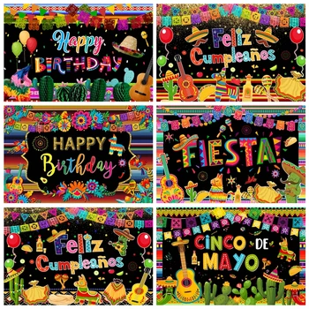 Фон Мексиканской Фиесты Синко Де Майо Мексика Фон Гитарной вечеринки с кактусами Красочные флаги Реквизит для фотобудки на день рождения Taco Party