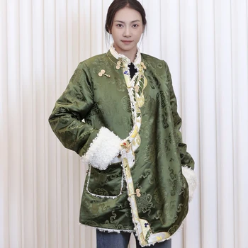 Зеленое зимнее пальто с хлопковой подкладкой, женская тибетская одежда с утепленной хлопковой подкладкой, повседневная одежда, куртка