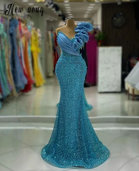 Модное светло-голубое вечернее платье, расшитое бисером, блестки, Труба, вечерние платья, женское арабское свадебное платье, платья для официальных мероприятий