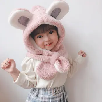 Осенне-зимняя однотонная детская шапка из искусственного бархата с кроликом, корейская версия мультяшного детского шарфа, милая плюшевая шапка