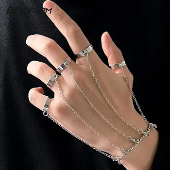 Панк-геометрическая цепочка с кисточкой, браслет на запястье с кольцом на палец для женщин, Набор мужских колец, пара модных ювелирных изделий, подарки