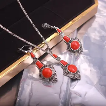 Ajojewel, Винтажный этнический ювелирный набор из красного / синего / черного камня, женские серьги и колье цвета античного серебра Оптом