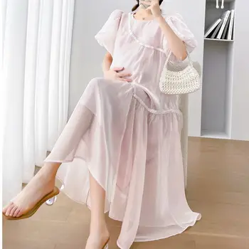 Платье для беременных Одежда для беременных женщин Летняя Мода Шифон с пузырчатым рукавом Свободные Темпераментные платья принцессы для беременных
