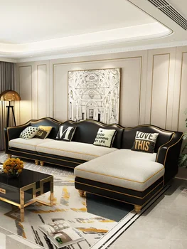 Американский угловой диван, комбинация кожи и ткани, маленькая квартира, роскошный диван в стиле постмодерн, итальянская минималистичная кожа L-образной формы