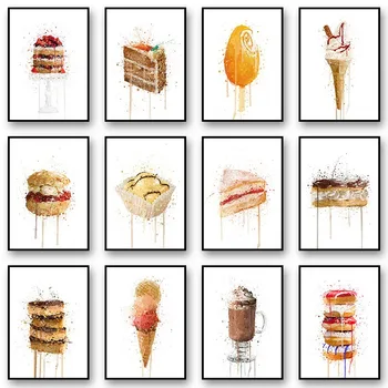 Акварельный десертный торт, мороженое, горячий шоколад, плакаты и принты, настенная живопись на холсте для декора кухни ресторана