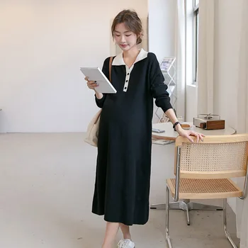 * Осеннее новое платье для беременных, корейское модное платье-свитер с контрастным вырезом и лацканами, вязаное платье средней длины
