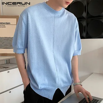 Мужская футболка 2023 года, трикотажные футболки в корейском стиле с круглым вырезом и коротким рукавом, уличная летняя Свободная однотонная повседневная мужская одежда INCERUN