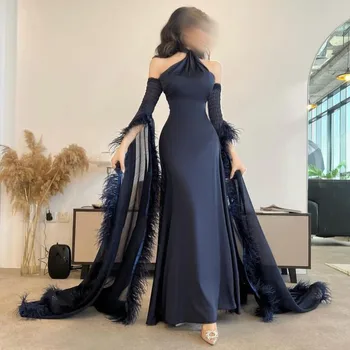 Fashionvane, Саудовская Аравия, женщины носят темно-синие платья для выпускного вечера с коротким вырезом, роскошные перья с длинными рукавами, праздничная вечеринка, официальный банкет