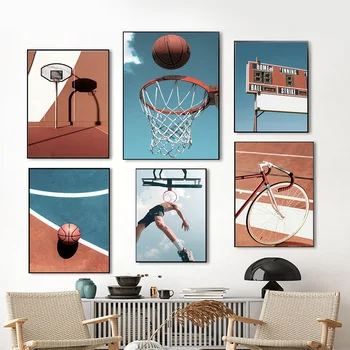 Баскетбольная площадка, Спортивные плакаты и принты для фитнеса, настенное искусство, холст, живопись, Скандинавские фрески, картины для оформления молодежной комнаты, стадиона.