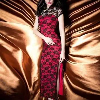 Традиционный китайский Чонсам, Элегантный китайский стиль, кружевной Чонсам, винтажный двухслойный Ципао с высоким разрезом, приталенный для женщин