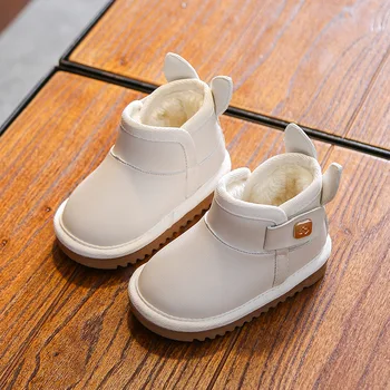 Детские Корейские зимние плюшевые зимние ботинки для стиля, толстая теплая хлопчатобумажная обувь из искусственной кожи для мальчиков и девочек, зимние ботинки для детской обуви