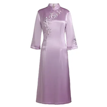 Традиционный китайский вышитый цветок Чонсам, женское атласное платье Ципао большого размера, элегантное фиолетовое платье с коротким рукавом в стиле ретро, Vestidos 4XL