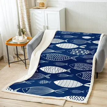 Одеяло с геометрическими рыбками, флисовое одеяло с абстрактным рисунком рыбы в стиле бохо, покрывало для кровати с обитателями океана, одеяло для детей, подростков и взрослых