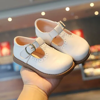 Обувь для девочек Базовая детская обувь Mary Janes на плоской подошве Белого и черного цвета для малышей, обувь для маленьких девочек, повседневная обувь для детей, кожаная обувь