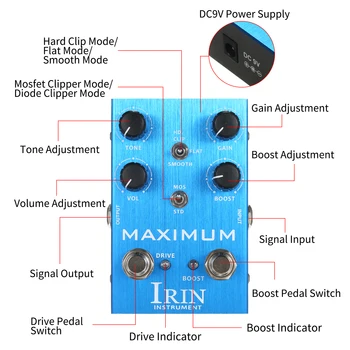 Гитарные эффекты, педаль эффектов электрогитары IRIN Overdrive, 2 переключателя режимов для максимальной комбинированной перегрузки.
