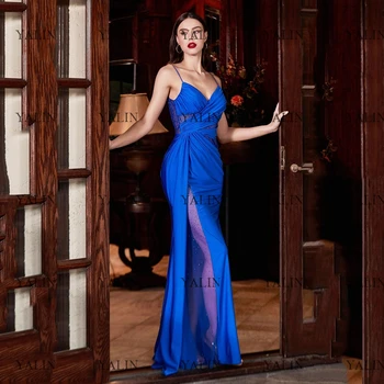 Коктейльные платья-футляры YALIN Royal Blue из атласа-футляра, вечерние платья в складку с иллюзионным разрезом сбоку, Длинное платье Кейт Миддлтон с V-образным вырезом