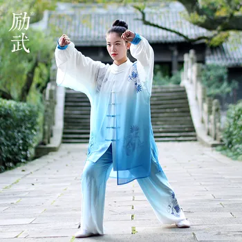 Синий И белый Постепенное изменение стиля тайцзицюань, женские боевые искусства, сценическое представление, фитнес-цигун, одежда для тайцзицюань, Весна