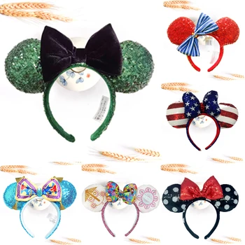 Повязка на ухо с Микки Маусом Disney, американский флаг, парк развлечений, бант для волос, повязка на голову для косплея, головные уборы для вечеринки, игрушка для девочки, подарок на день рождения