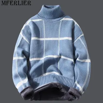 Зимний мужской свитер, водолазка, клетчатый вязаный свитер, Повседневные плотные флисовые шерстяные свитера, мужские модные пуловеры, пальто 2023 г.
