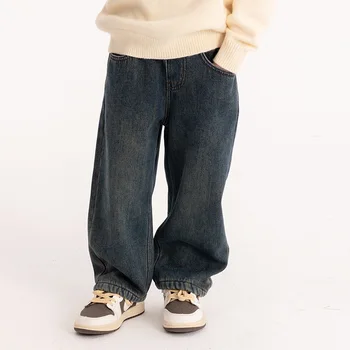 Зимние однотонные теплые прямые джинсы унисекс для мальчиков и девочек, детские джинсовые брюки с утепленной флисовой подкладкой.