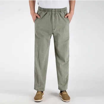 Летние мужские льняные брюки, свободные повседневные дышащие прямые брюки, однотонные хлопковые и льняные брюки с эластичной резинкой на талии