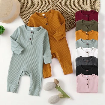 Осенне-зимняя одежда для новорожденных, однотонные комбинезоны с длинными рукавами, комбинезон в рубчик для малышей, хлопчатобумажная одежда