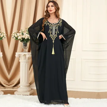 Женское платье Ближнего Востока, Новое Черное вышитое Летнее платье большого размера с длинным рукавом, мусульманская мода, свободные халаты