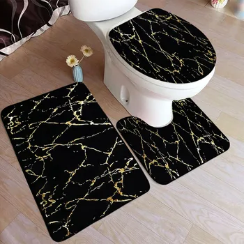 Набор ковриков для ванной из абстрактного мрамора с золотым текстурированным рисунком, современный геометрический черный ковер, домашний декор для ванной, коврики для пола, крышка унитаза