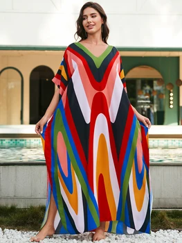 Богемное летнее пляжное платье с цветным принтом 2024, женское летнее пляжное платье с V-образным вырезом и рукавом 