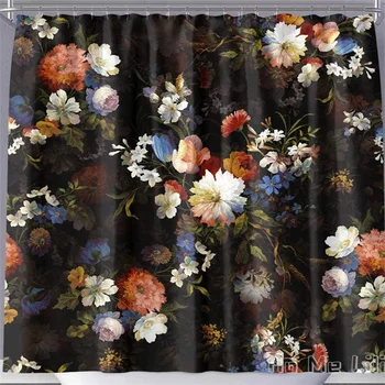 Декоративный черный цветочный комплект с крючками из полиэстеровой ткани, занавеска для ванной в цветочек, уникальные акварельные шторы с принтом