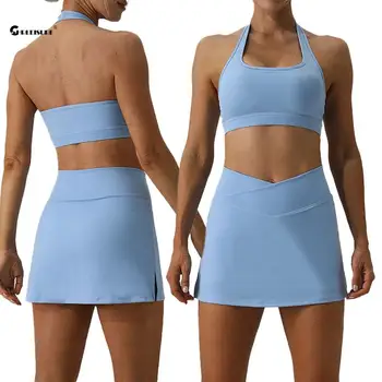 Теннисный набор CHRLEISURE, костюм для йоги Naked Feeling, спортивная юбка с перекрестной талией, бюстгальтер для бега на бретелях, женская красивая одежда для тренировки спины