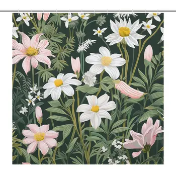 Весенняя занавеска для душа из полевых цветов с цветочным рисунком и листьями, водонепроницаемая декоративная особенность ванной комнаты 183x183 см, 12 шт. крючков