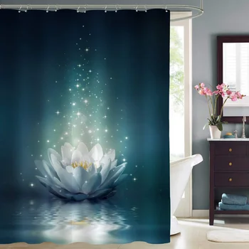 Занавеска для душа с цветочным рисунком Волшебного Лотоса, Светящийся цветок водяной лилии, плавающий в воде пруда для декора ванной комнаты в восточном дзен-спа с крючками