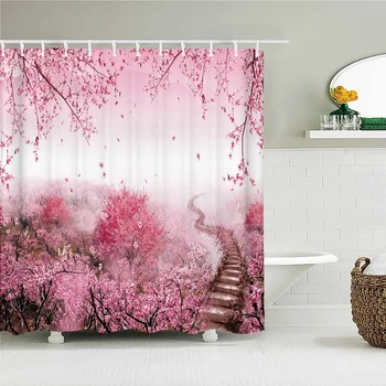 Красивые тканевые занавески для душа с цветами вишни Занавески для ванной комнаты с цветочным пейзажем Водонепроницаемый декор Ширма для ванны с крючком