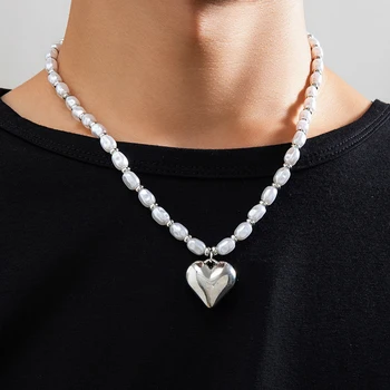 IngeSight.Z Панк Металлическое ожерелье с подвеской в виде большого персикового сердца для мужчин, Простые бусины CCB, имитация жемчуга, колье, хип-хоп ювелирные изделия