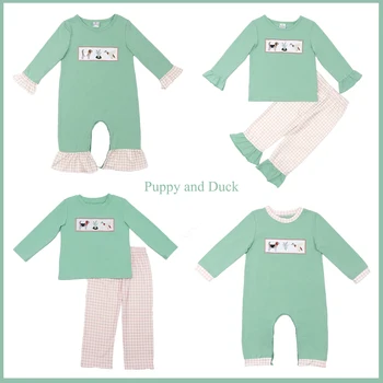 Ropa Wintter/ платье с длинным рукавом и круглым вырезом с рисунком щенка и утки для девочки, зеленая футболка и бежевые брюки, комбинезон для мальчика, одежда