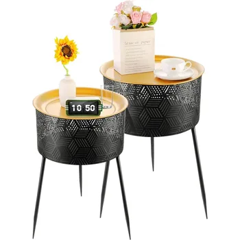 Комплект из 2 круглых приставных столиков JEROAL, приставной столик с прочными металлическими ножками, для гостиной, спальни на открытом воздухе