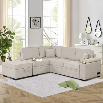 87,40 дюйма. Бежевый бархатный диван L-образной формы с прямыми подлокотниками, пуфик для хранения вещей, диван-кровать