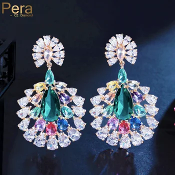 Ювелирные изделия бренда Pera CZ для дам, Новая мода, Свадебные серьги с красочным кристаллом и большим цветком, ювелирные изделия золотого цвета E847