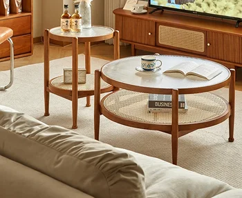Журнальный столик в японском стиле, гостиная, бытовая техника из массива дерева, стекло, сплетенное из ротанга, двухслойный круглый, простой и современный
