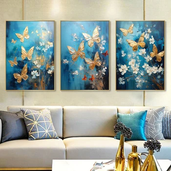 Роскошный цветок, бабочка, картина маслом, печать на холсте, изготовленный на Заказ абстрактный сине-золотой художественный плакат для декора стен гостиной