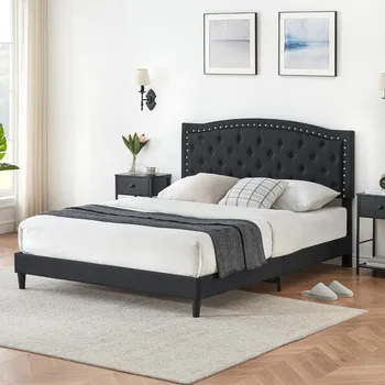 Большой каркас кровати, платформа с тканевой обивкой, каркас двуспальной кровати с регулируемым изголовьем, конструкция из высокопрочного пенопласта