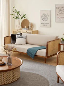 Гостиная с ретро-тканевым диваном в японском стиле, современный диван из массива дерева, сплетенный из ротанга, для домашнего использования, небольшой тип квартиры