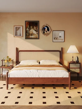 Винтажная кровать из ротанга Современная простая скандинавская японская янтарная двуспальная кровать queen bed