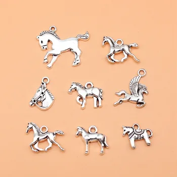 Коллекция амулетов в виде лошадок из старинного серебра 8шт для изготовления ювелирных изделий своими руками, 8 стилей, по 1 из каждого