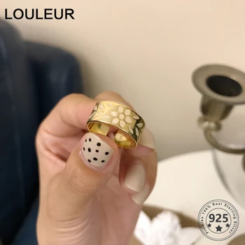 Кольцо из стерлингового серебра 925 пробы с золотым цветком, Элегантные Серебряные кольца с принтом из смолы, Широко Открытые Кольца Для девочек и женщин, Изысканные ювелирные изделия Bijoux Femme
