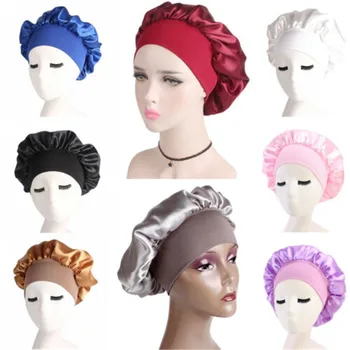 Новая женская шелковая атласная шапочка для ночного сна, головной убор для волос, эластичные шапочки для душа с широкой регулировкой резинки