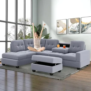 Пуфик для хранения, L-образный диван с двумя подстаканниками для большой квартиры в общежитии, серый